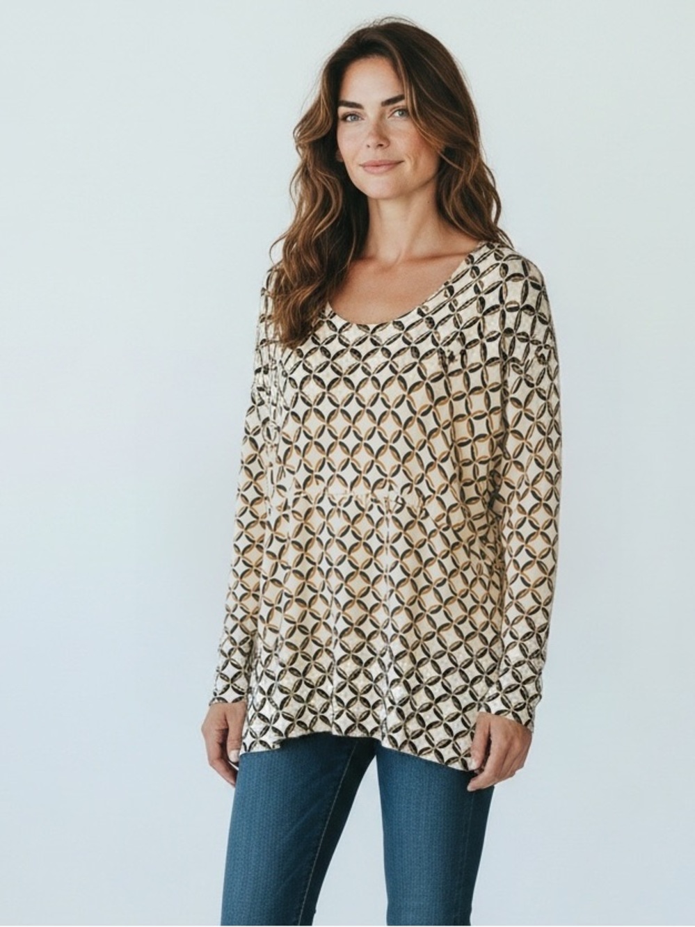 Charter Club Cream Long-Sleeve Top with Black Geometric Print
